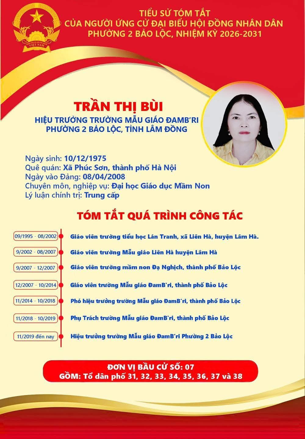 CÔ TRẦN THỊ BÙI - HIỆU TRƯỞNG NHÀ TRƯỜNG LÀ ỨNG CỬ VIÊN ĐẠI BIỂU HĐND PHƯỜNG 2 BẢO LỘC NHIỆM KỲ 2026-2031
