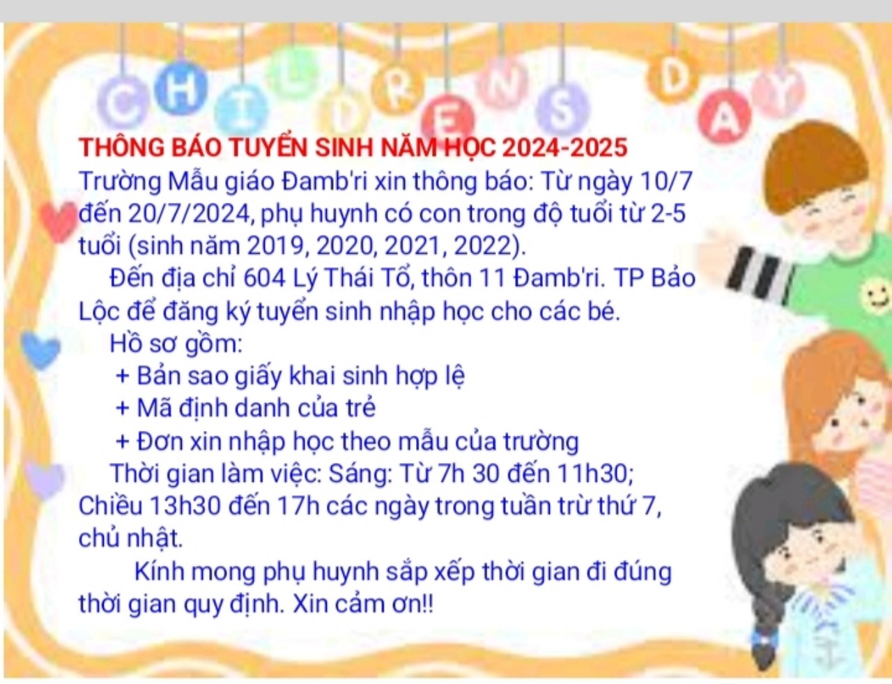 TRƯỜNG MẪU GIÁO ĐAMB'RI THÔNG BÁO TUYỂN SINH NĂM HỌC 2024-2025