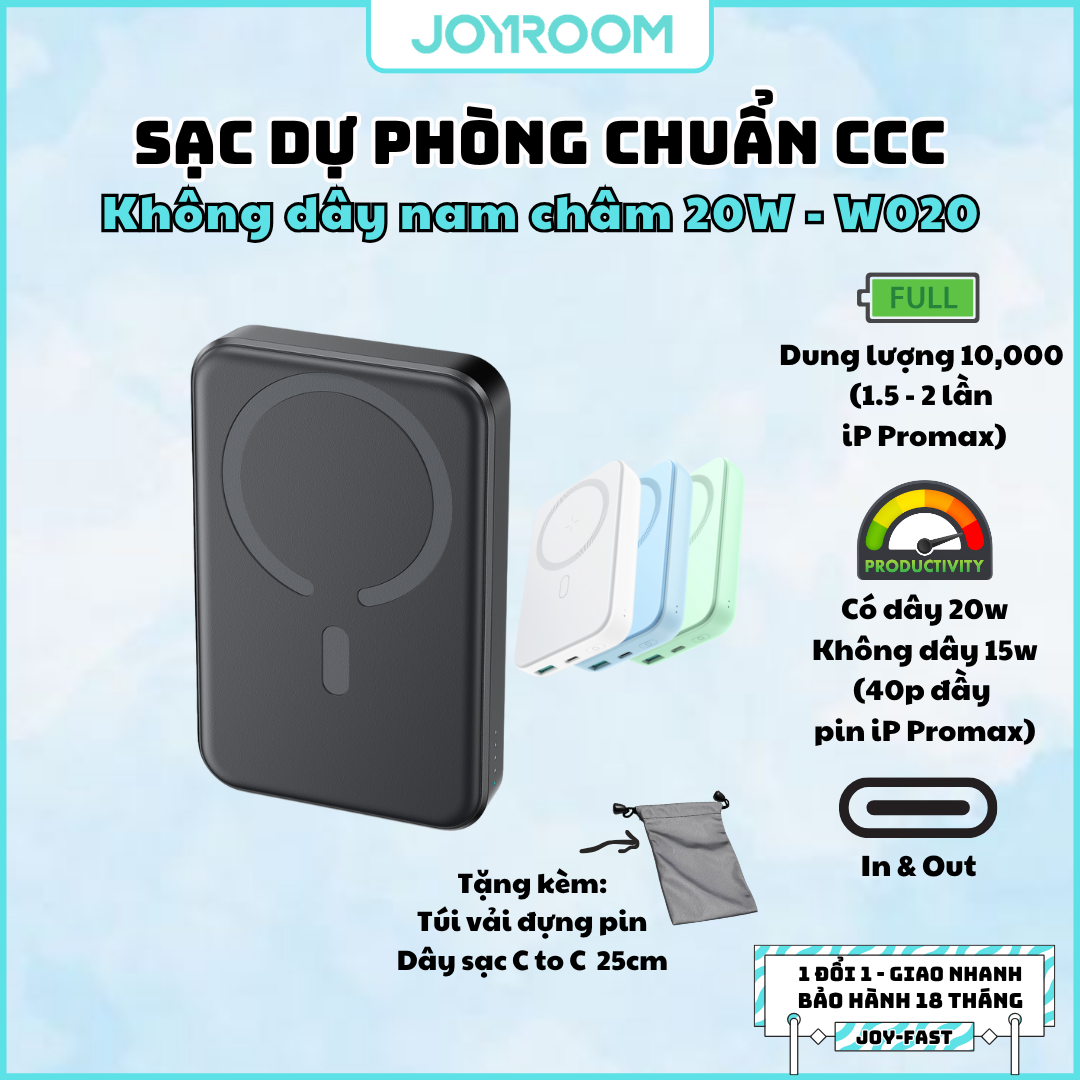 Sạc dự phòng iPhone Joyroom W020 công suất 20W 10000mAh nam châm magsafe - Chứng nhận CCC-FCC-CE