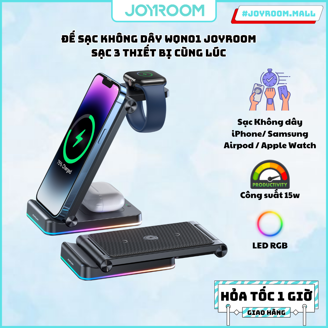 Đế sạc không dây Joyroom WQN01 sạc cho Điện Thoại Apple Watch và Tai Nghe sạc không dây cùng lúc 3 thiết bị