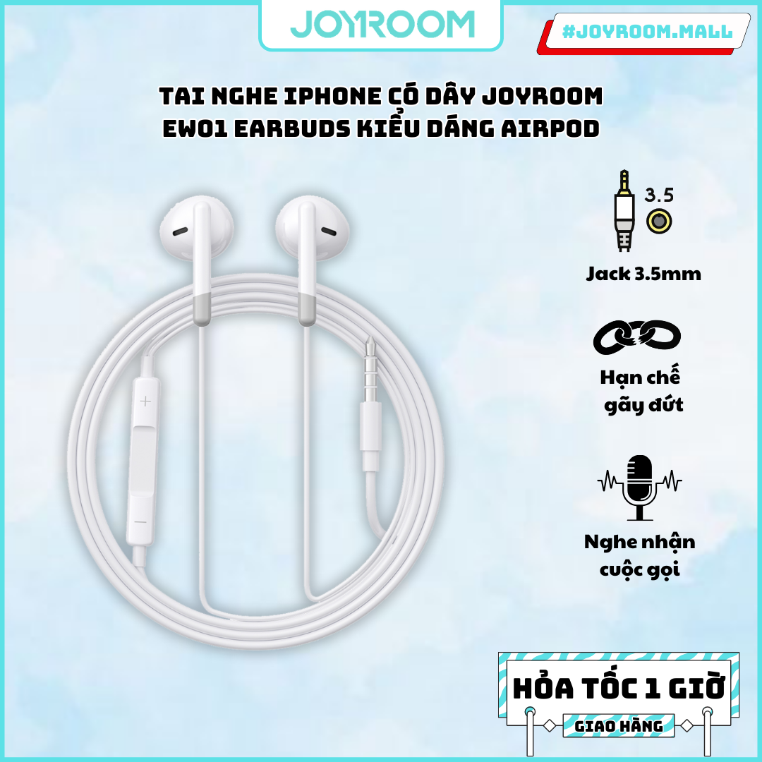 Tai nghe iPhone có dây Joyroom EW01 cổng 3.5mm Earbuds kiểu dáng Airpod dùng cho điện thoại, laptop, máy tính