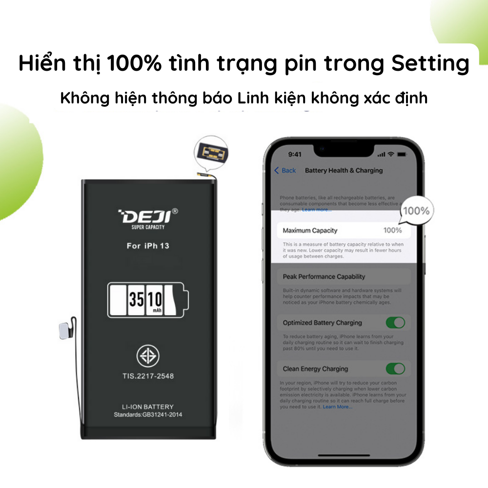 [Hiển thị 100% tình trạng pin trong Cài đặt] Pin iPhone 13 Dung lượng cao 3510mAh công nghệ mới Deji