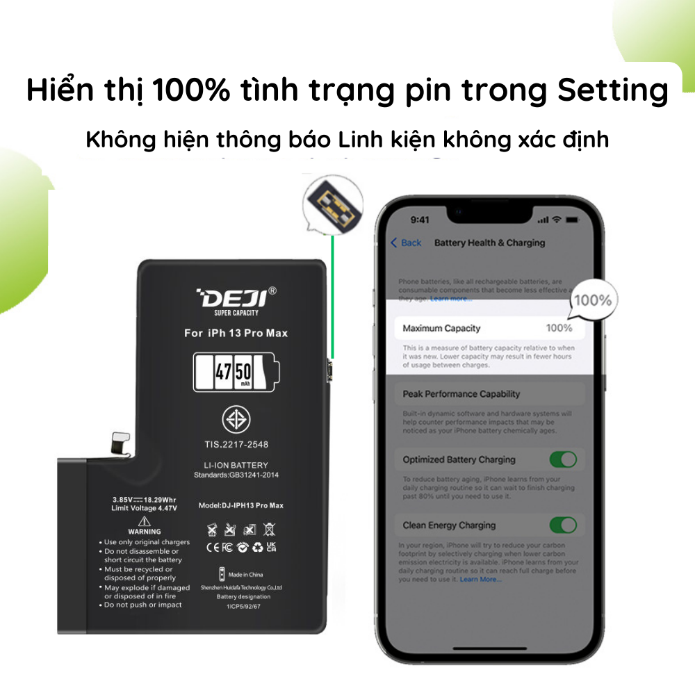 [Hiển thị 100% tình trạng pin trong Cài đặt] Pin iPhone 13 Pro Max Dung lượng cao 4750mAh công nghệ mới Deji