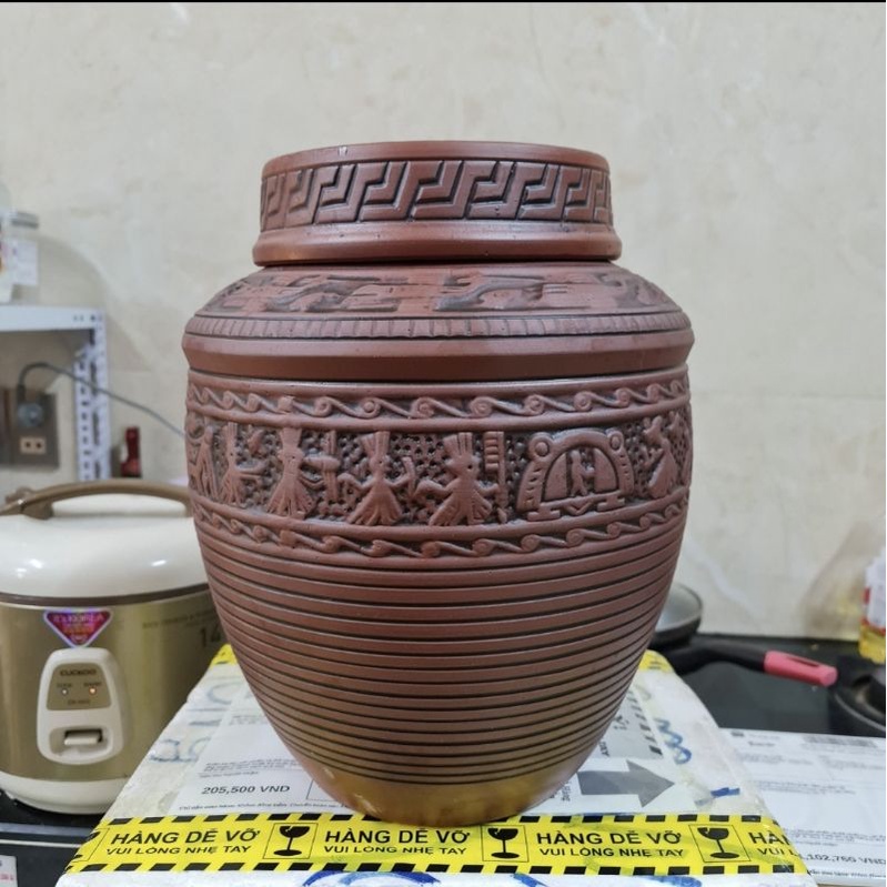 Chum sành ngâm rượu Bát Tràng 10L ,15L,20L,50L hàng Cao Cấp Đắp Nổi Họa tiết Trống Đồng
