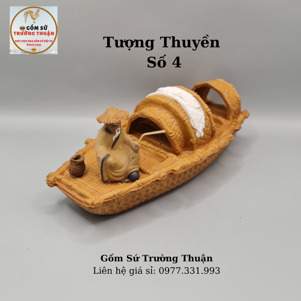 Bộ tượng thuyền 2 mái & ngư ông ngồi câu cá gốm sứ Bát Tràng-17x6x7 cm làm mô hình trang trí tiểu cảnh, trang trí bể cá
