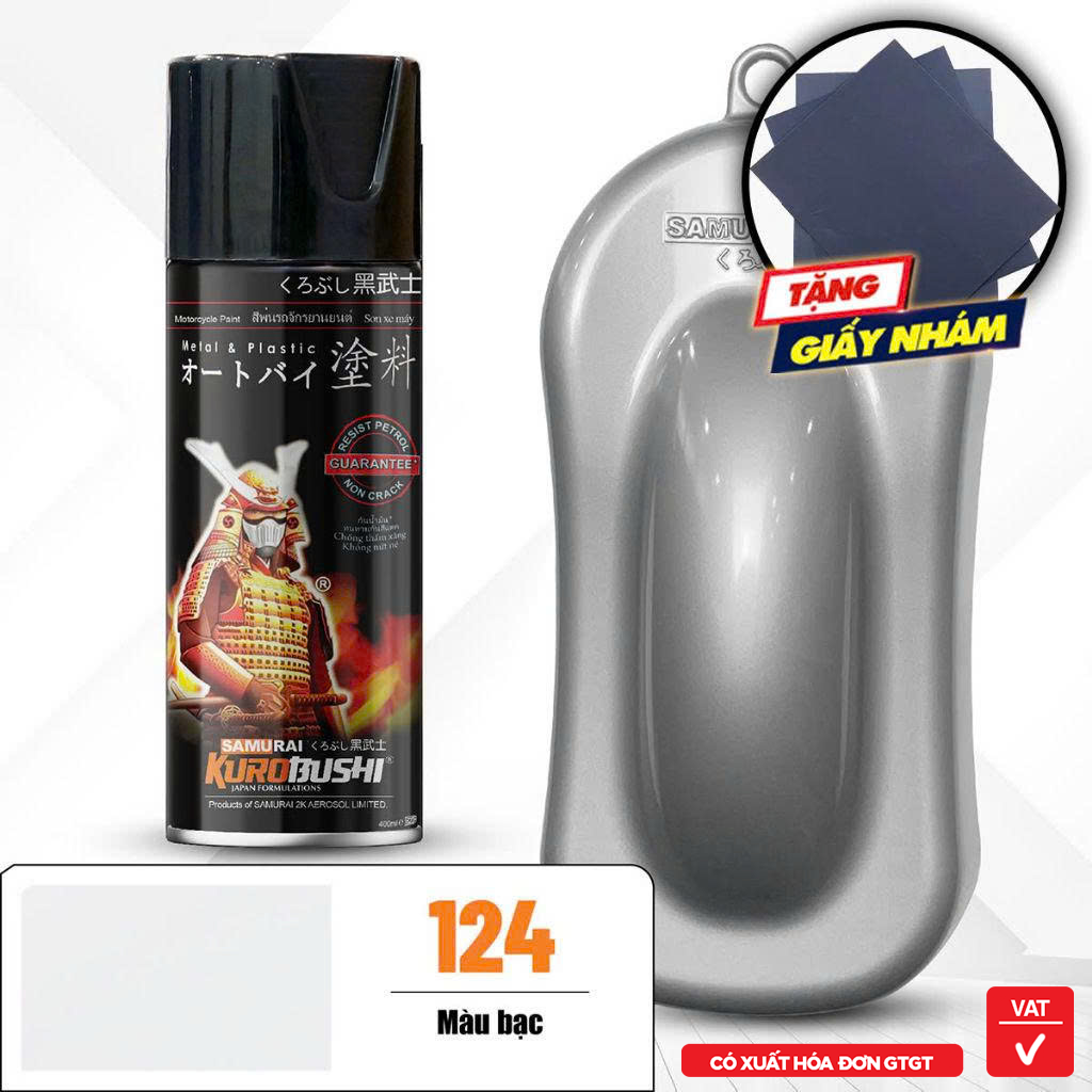 COMBO Sơn xịt SAMURAI màu 124 gồm 3 chai đủ quy trình độ bền cao (Lót – Màu bạc 124 - Bóng ) chuyên dùng cho xe máy