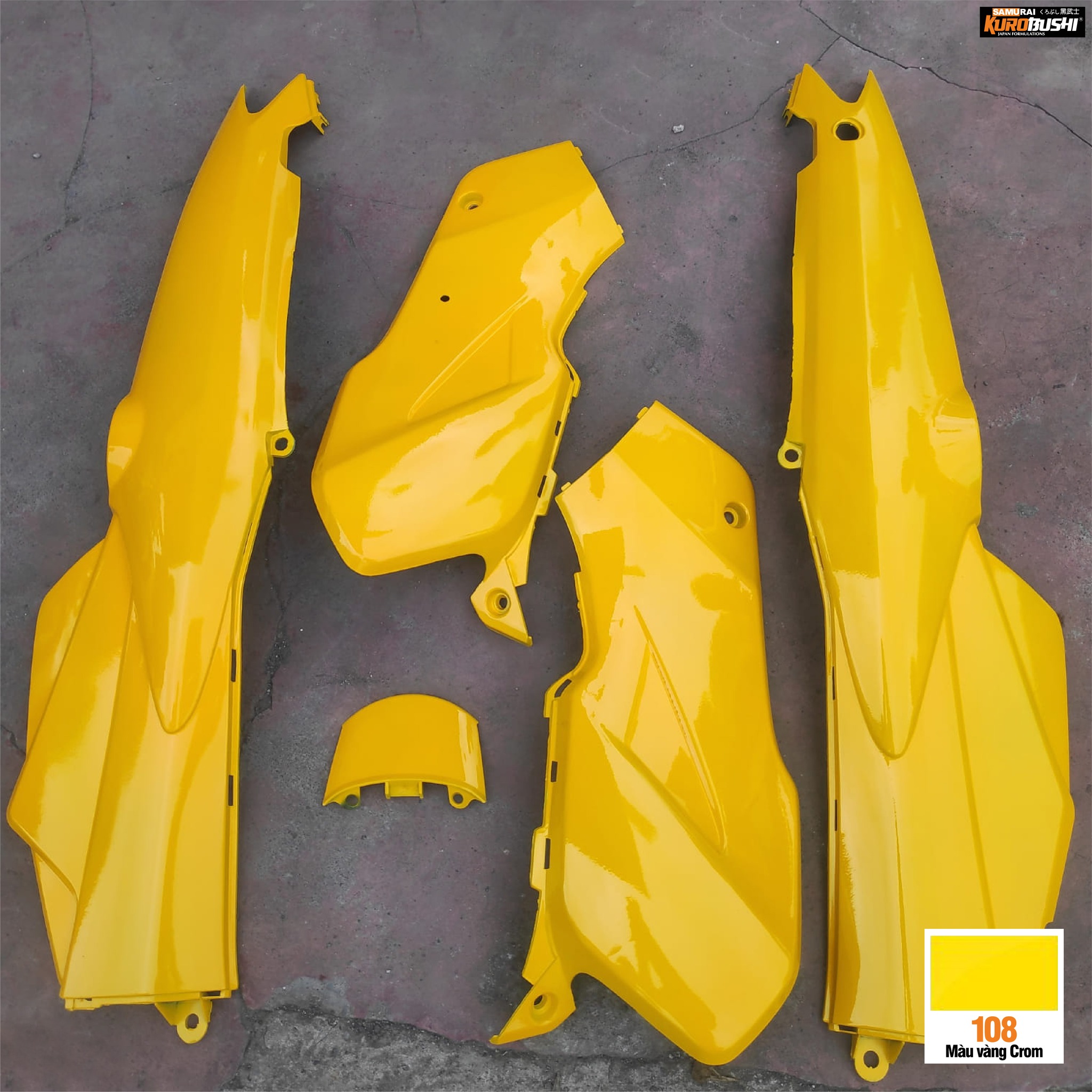 COMBO Sơn Samurai màu vàng Crôm 108 gồm 4 chai đủ quy trình độ bền cao (Lót – Nền 102 - Màu 108 - Bóng )