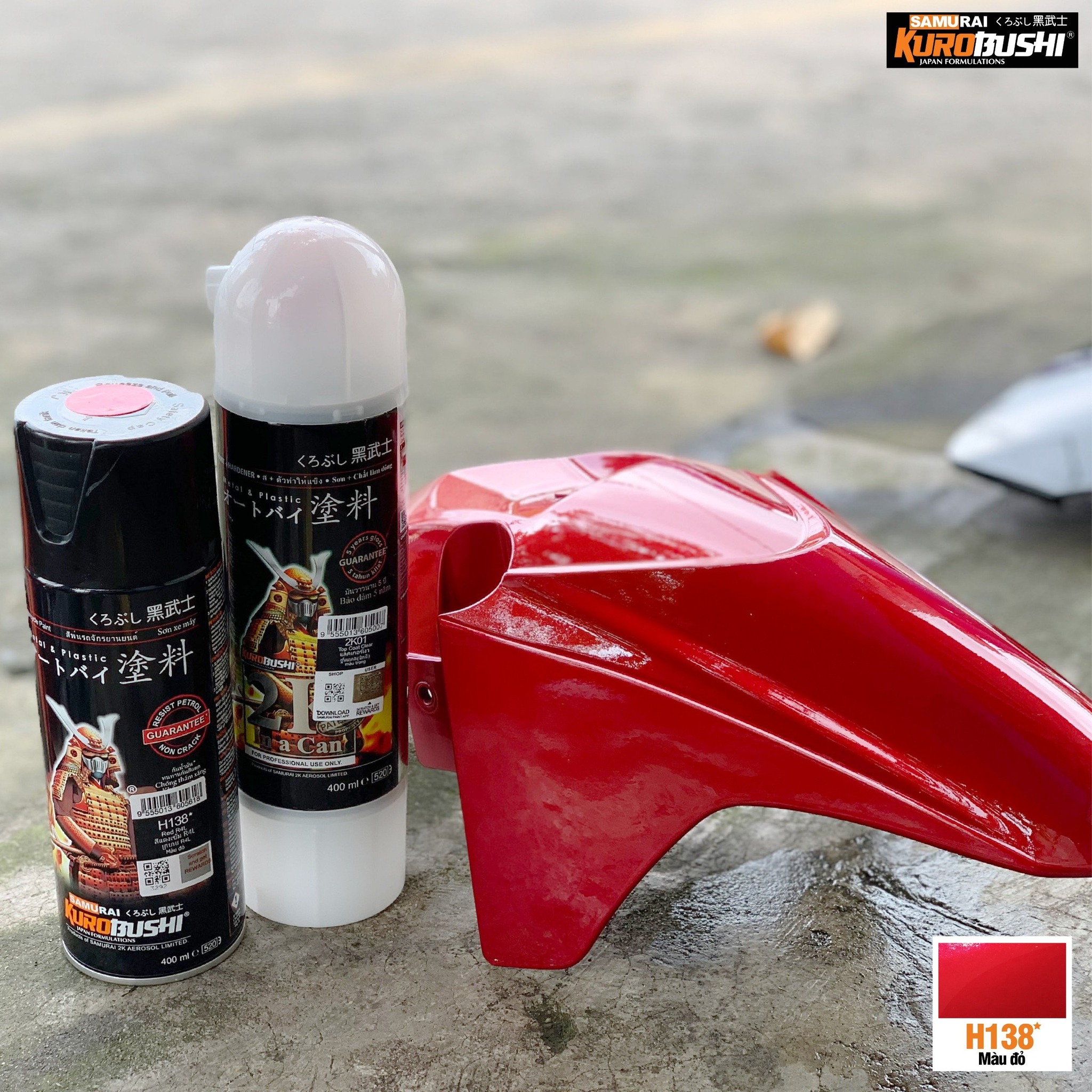 COMBO Sơn Samurai MÀU ĐỎ CANDY H138 gồm 5 chai đủ quy trình (Lót - Nền 124 – Màu 1701 - Màu H138 - Bóng )