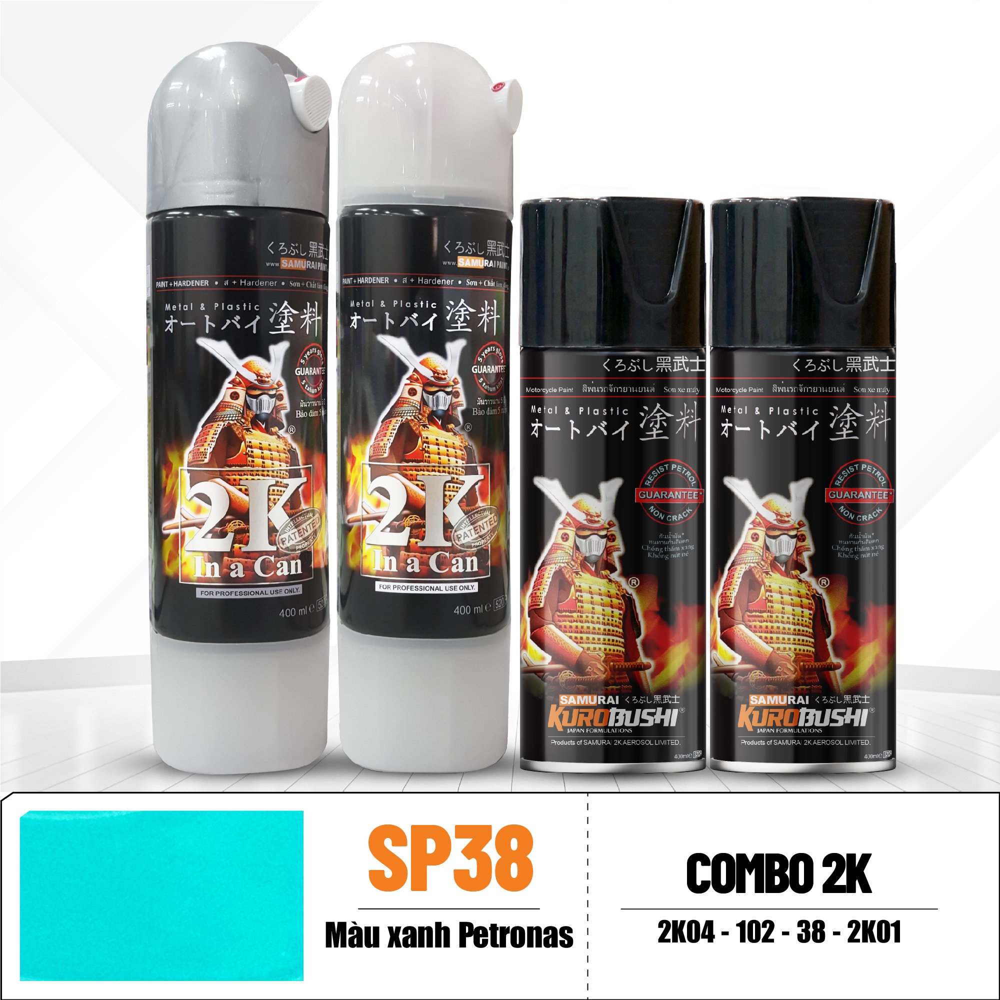 COMBO Sơn SAMURAI màu MÀU XANH PETRONAS SP38 gồm 4 chai đủ quy trình độ bền cao (Lót – Nền 102 - Màu SP38 - Bóng )