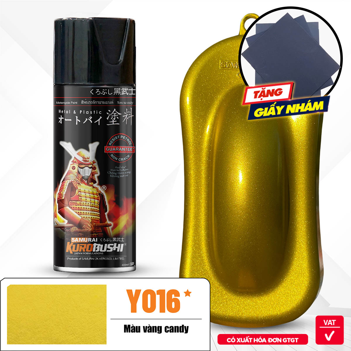 COMBO Sơn Samurai  màu vàng candy Y016 gồm 5 chai đủ quy trình (Lót  -Nền 124 -Màu bạc 1701- Màu Y016 - Bóng )