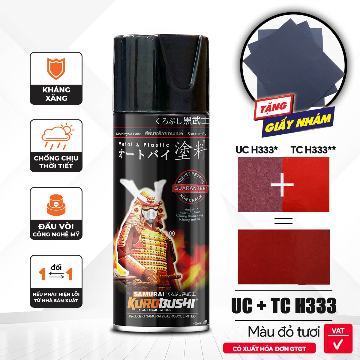 COMBO Sơn SAMURAI màu đỏ tươi Honda UC+ TC H333 gồm 4 chai đủ quy trình (Lót  - Nền UCH333- Màu TCH333 - Bóng )