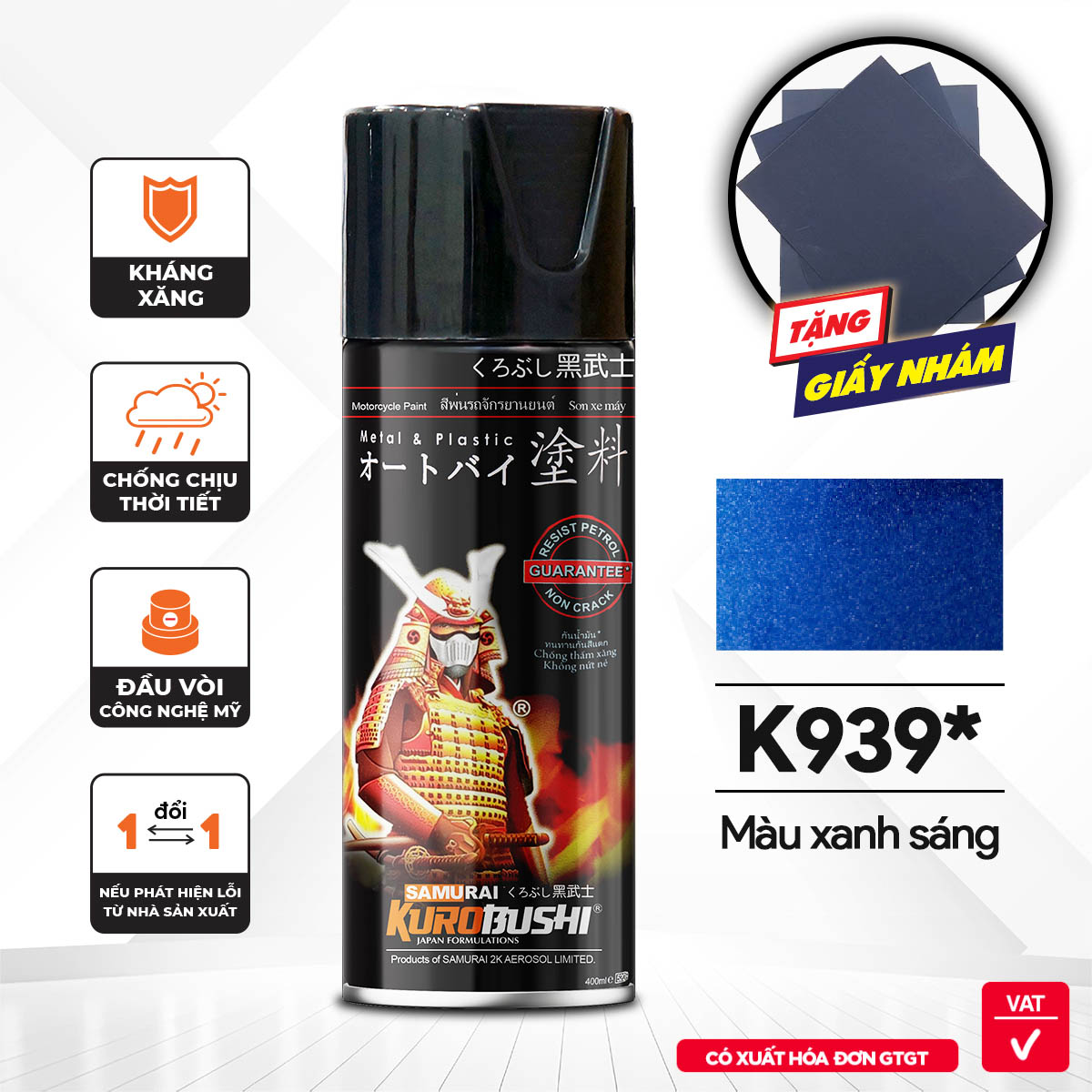 COMBO Sơn Samurai màu K939 gồm 4 chai đủ quy trình độ bền cao  (Lót  – Nền 102 - Màu K939 - Bóng )