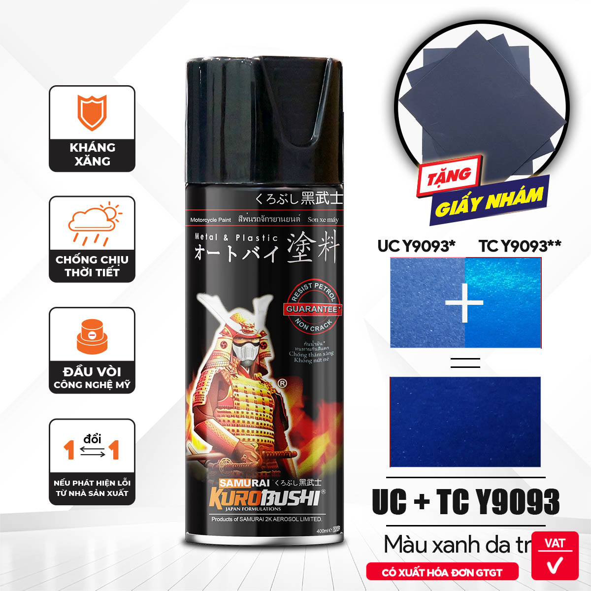 COMBO Sơn Samurai màu xanh da trời UC+ TCY9093 gồm 4 chai đủ quy trình (Lót  – Nền UCY9093- Màu TCY9093 - Bóng )