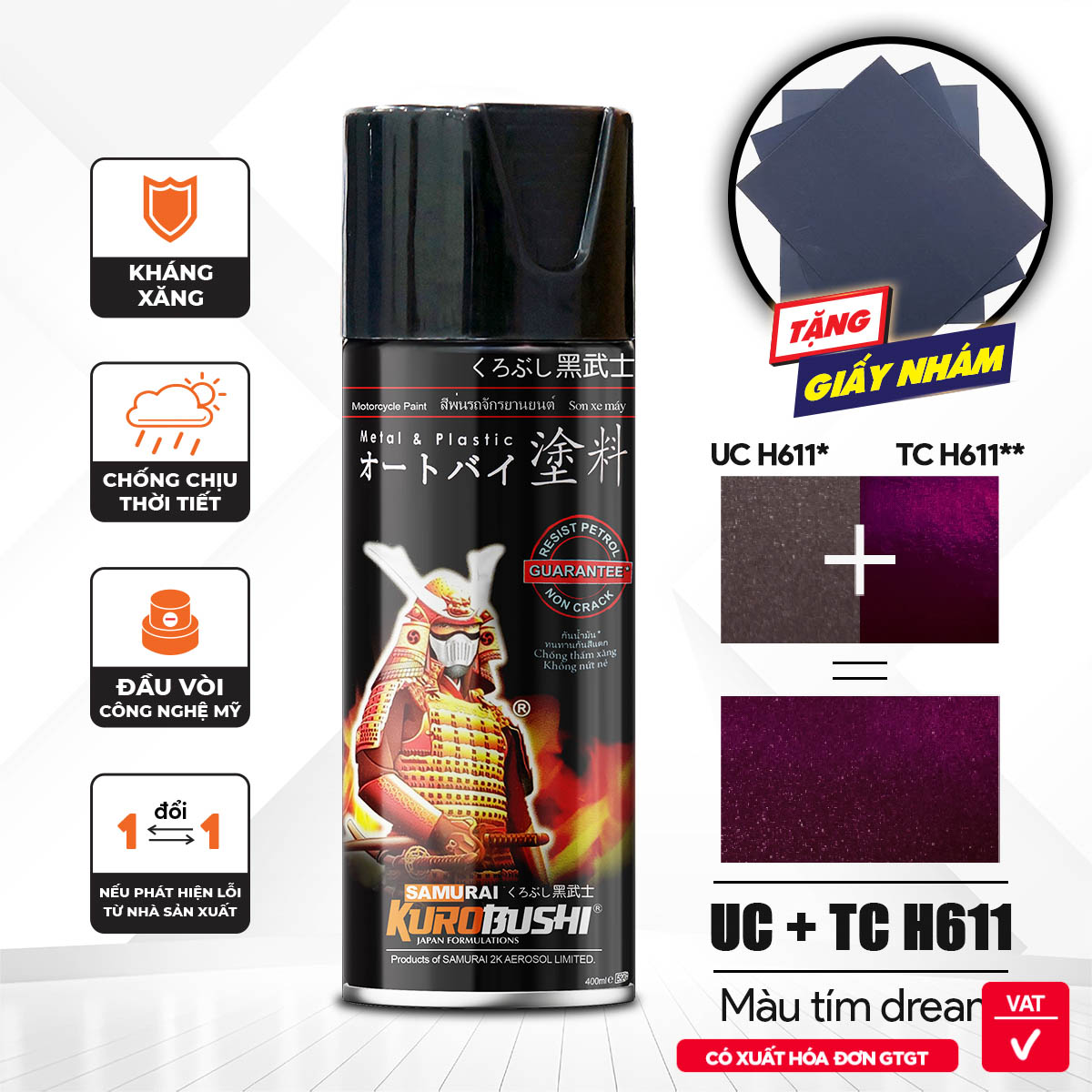 Sơn xịt Samurai Kurobushi - MÀU TÍM DREAM Honda UC+ TC H611 (400ml)