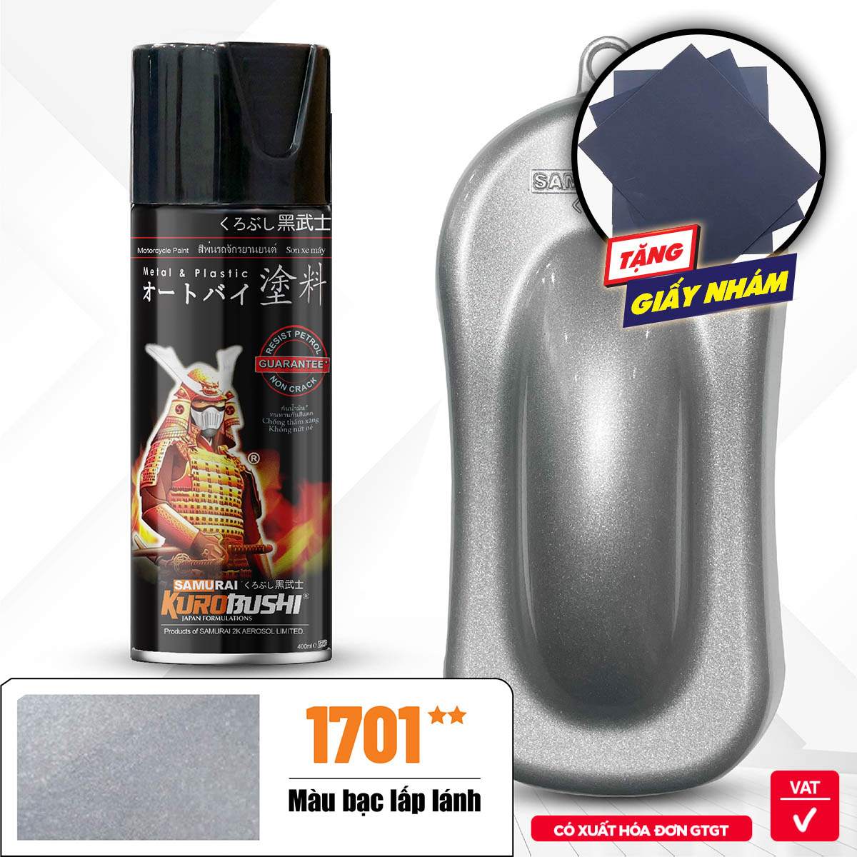 COMBO Sơn Samurai màu bạc lấp lánh 1701 gồm 4 chai đủ quy trình độ bền cao  (Lót  – Nền 124 - Màu 1701 - Bóng )