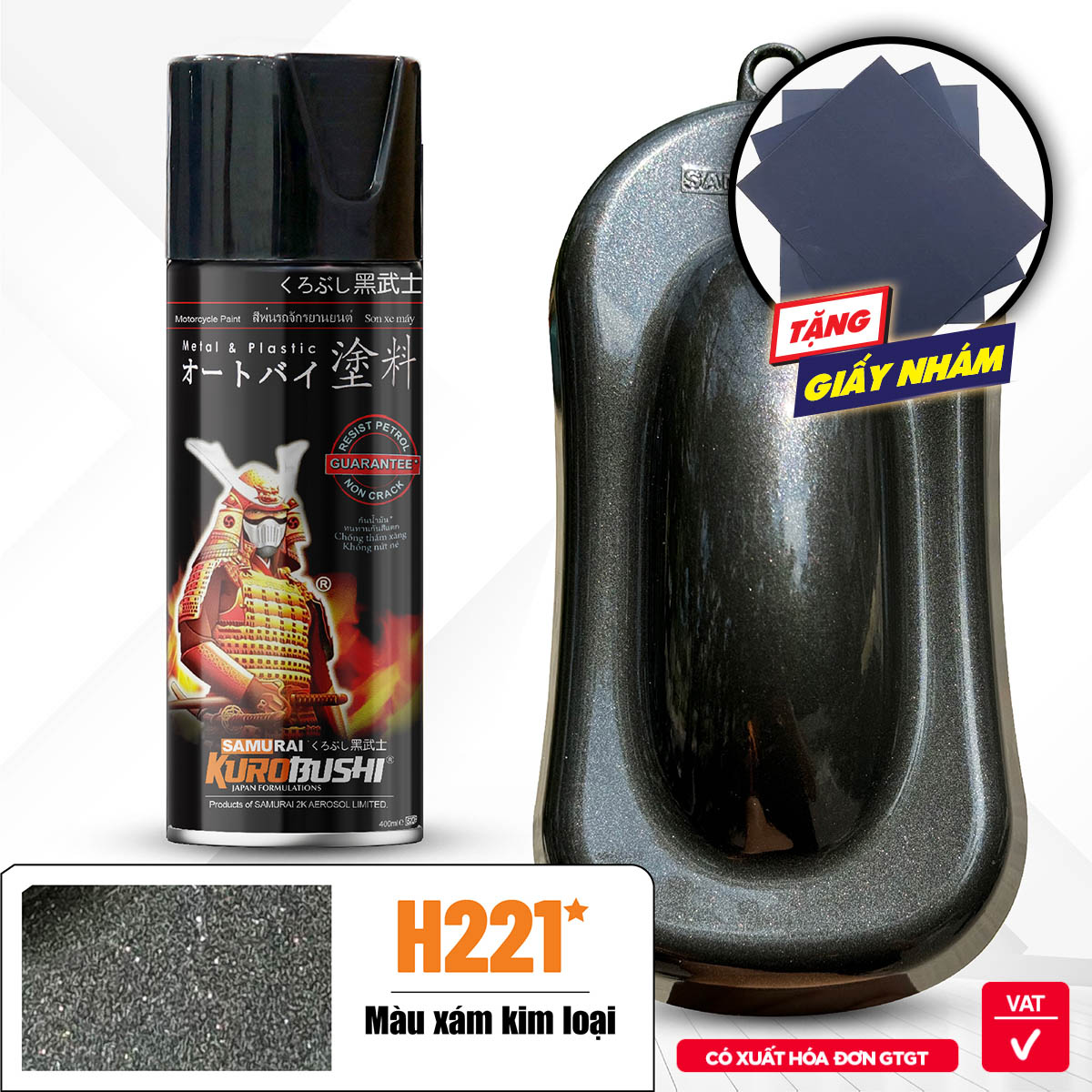 Sơn xịt Samurai Kurobushi - MÀU XÁM KIM LOẠI H221* (400ml)