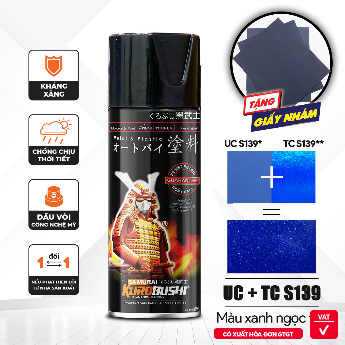 COMBO Sơn xịt Samurai Kurobushi - MÀU XANH NGỌC TRAI Suzuki UC+TC S139 (400ml) chuyên dùng cho xe máy
