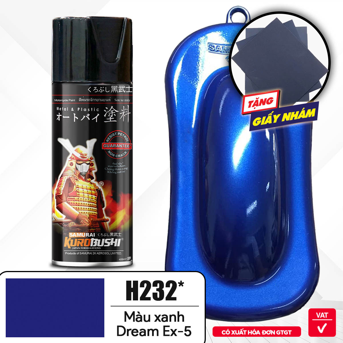 COMBO Sơn Samurai màu xanh da trời H222 gồm 4 chai đủ quy trình độ bền cao  (Lót - Nền 102 - Màu H222  - Bóng )
