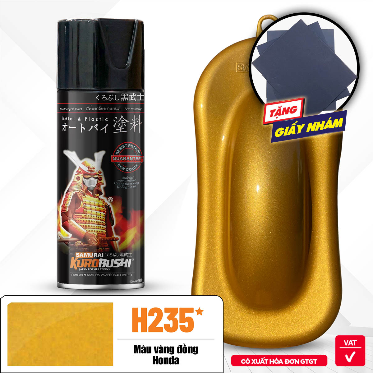COMBO Sơn Samurai màu vàng đồng H235 gồm 4 chai đủ quy trình độ bền cao,đẹp (Lót - Nền 124 - Màu H235  - Bóng )