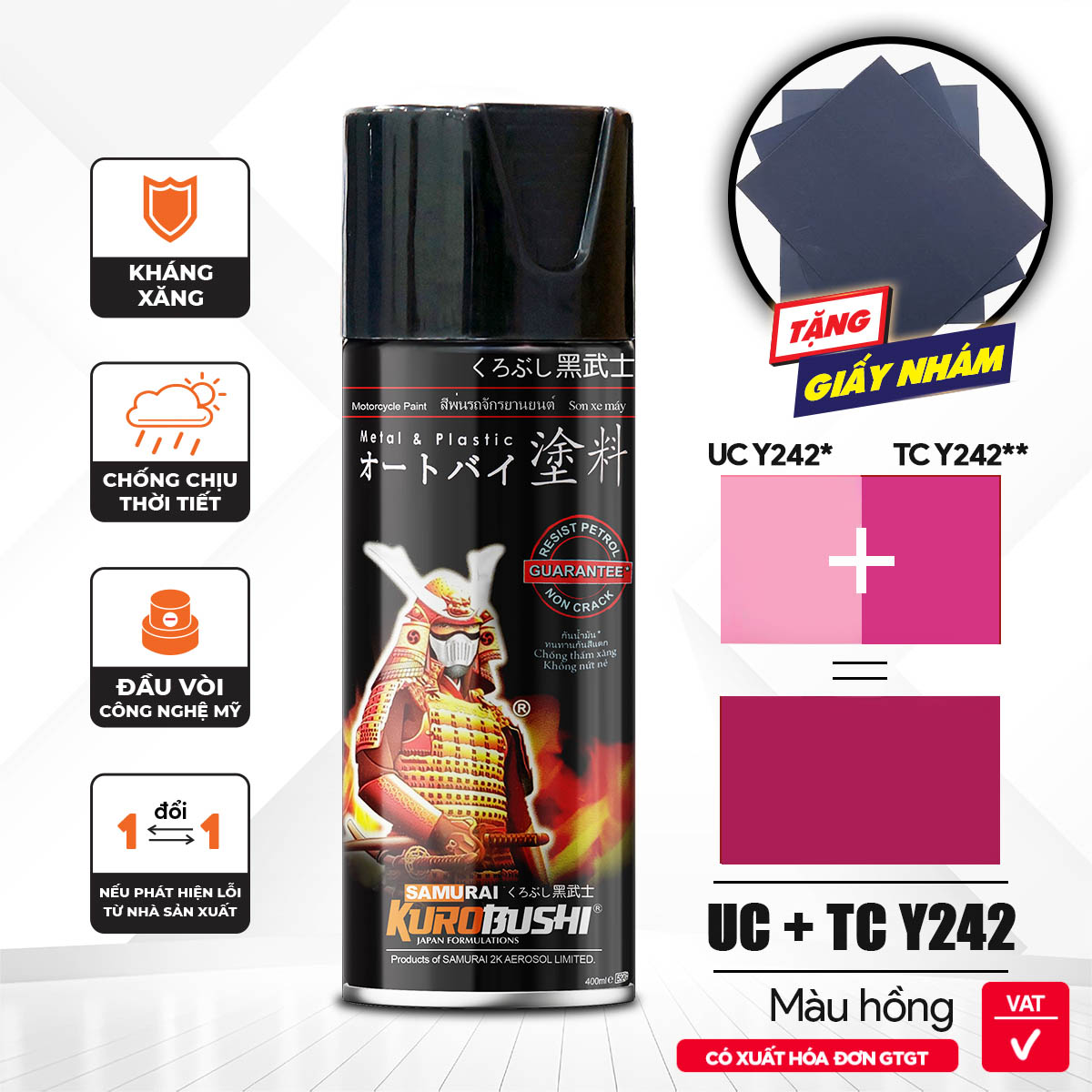 COMBO Sơn xịt SAMURAI - Màu HỒNG Yamaha UC+ TC Y242 gồm 4 chai (Lót  - Nền UCY242 - Màu TCY242 - Bóng )