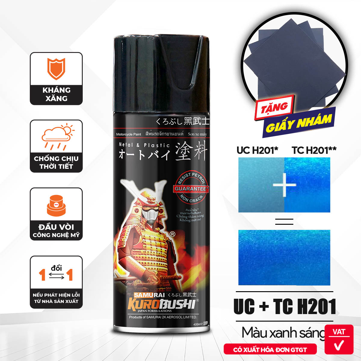 COMBO Sơn xịt Samurai Kurobushi - Màu XANH SÁNG Honda UC+TC H201 (400ml) chuyên dùng cho xe máy