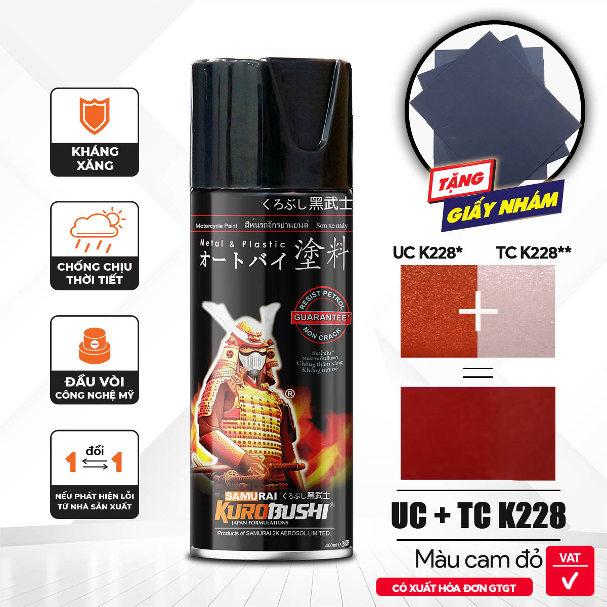 COMBO Sơn xịt SAMURAI -  màu cam đỏ Kawasaki UC+ TC K228 gồm 4 chai đủ quy trình (Lót - Nền UCK228 - Màu TCK228 - Bóng)