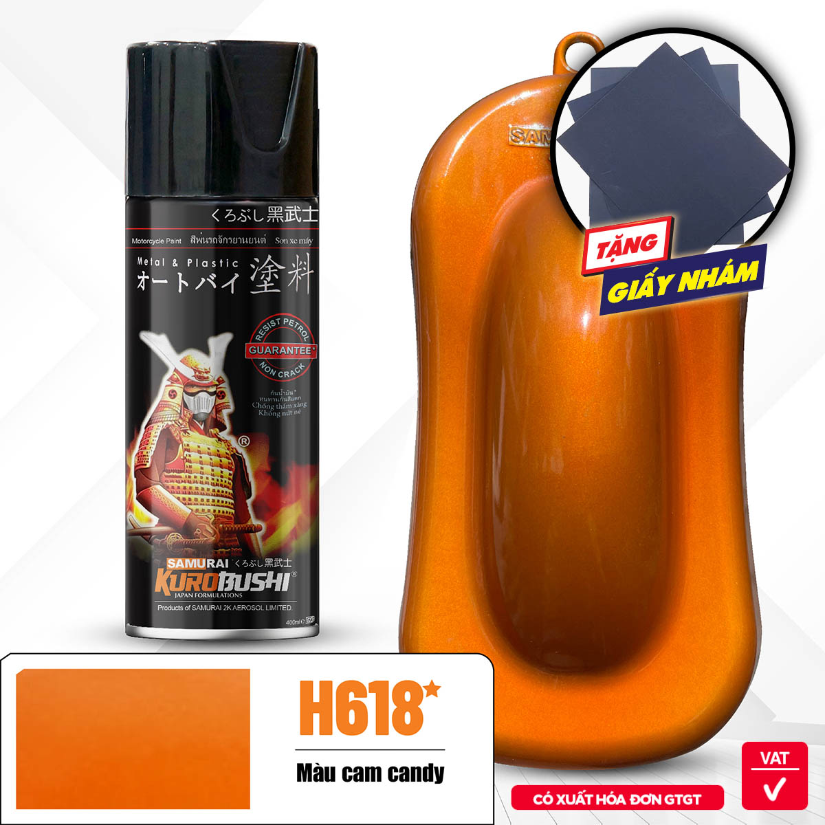COMBO Sơn Samurai màu cam candy H618 gồm 5 chai đủ quy trình (Lót - Nền 124 - Màu bạc 1701- Màu H618  - Bóng)