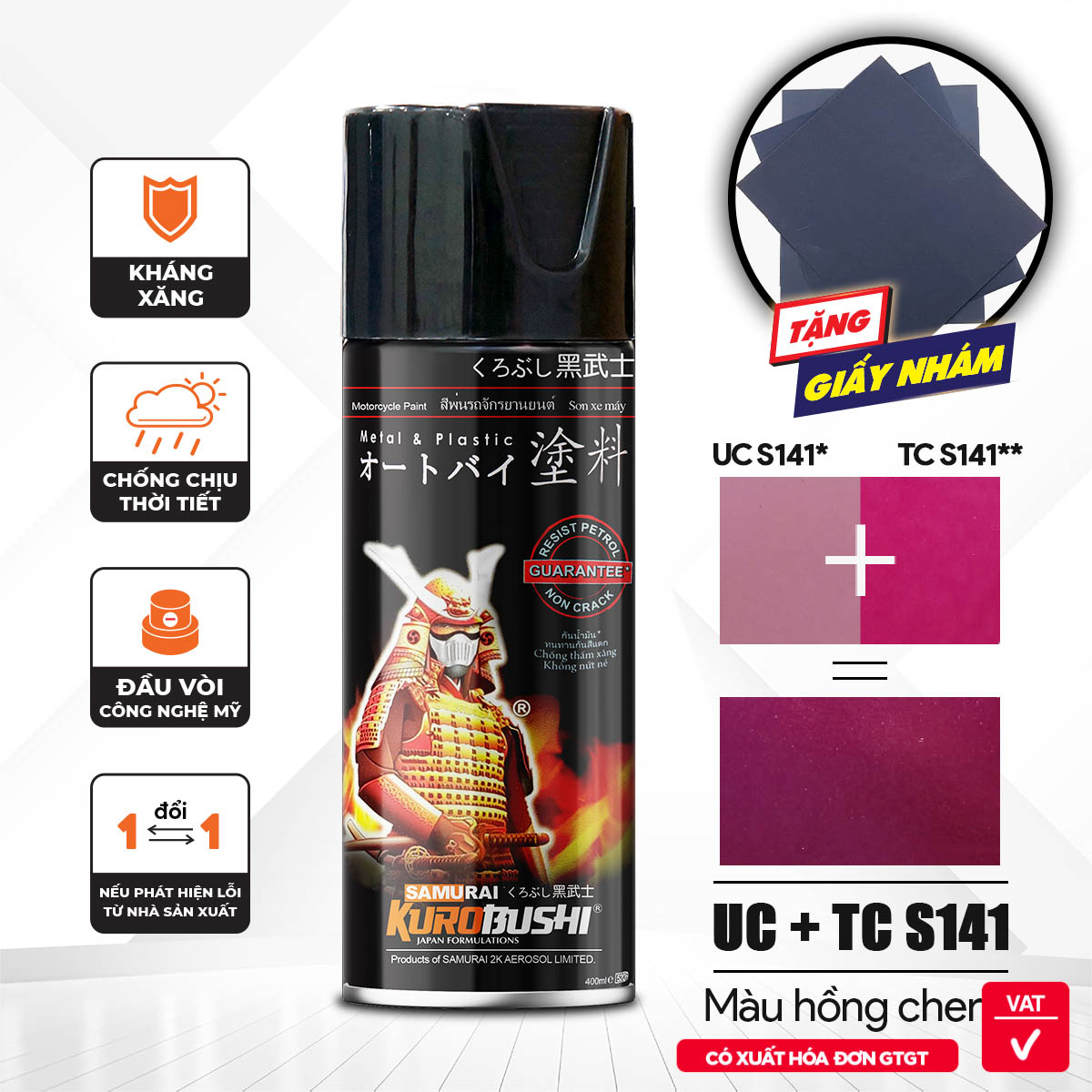COMBO Sơn Samurai màu hồng CHERRY Suzuki UC+ TC S141 gồm 4 chai đủ quy trình (Lót - Nền UCS141- Màu TCS141  - Bóng)