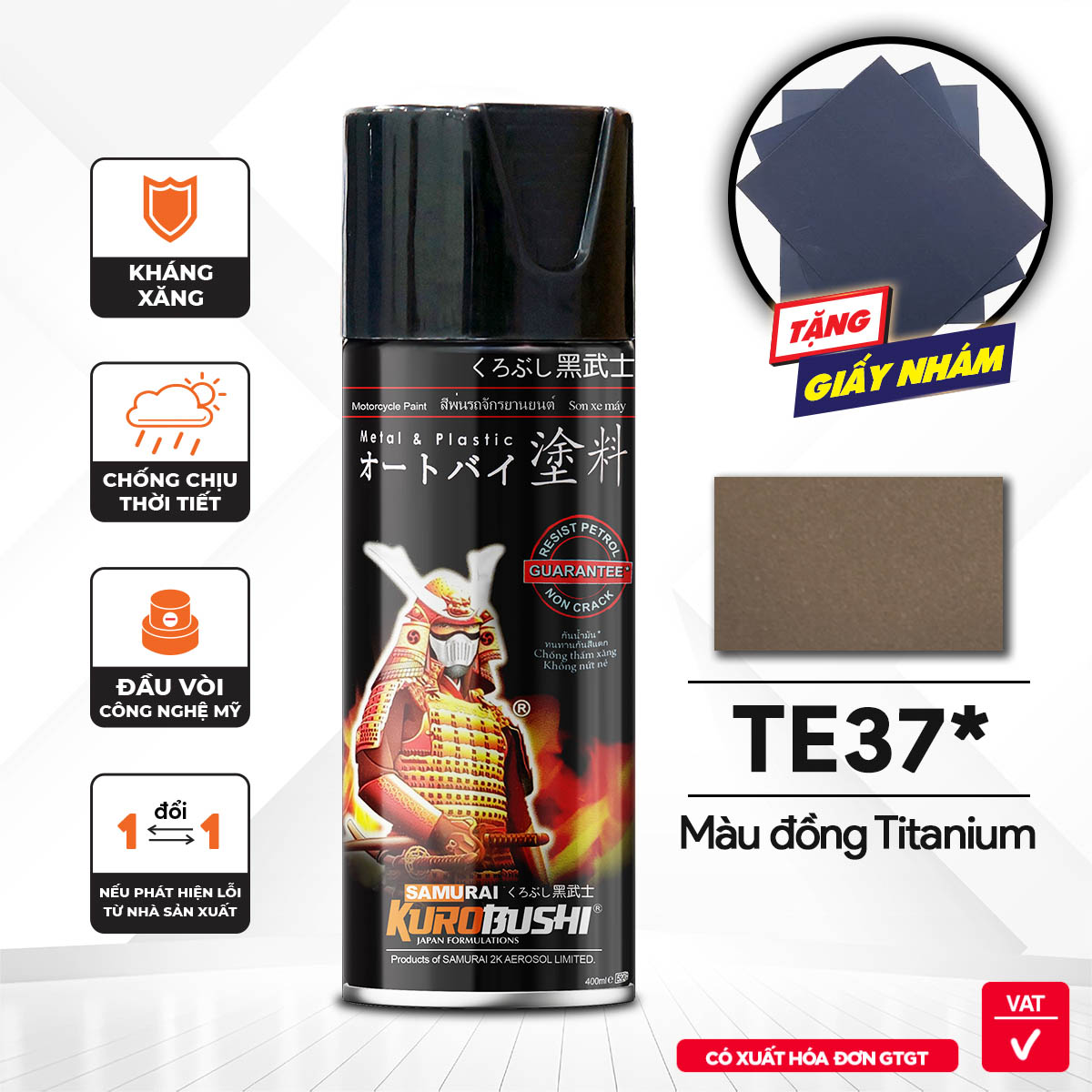 COMBO Sơn xịt Samurai màu đồng titan TE37 gồm 4 chai đủ quy trình độ bền cao (Lót - Nền 109A - Màu TE37 - Phủ mờ 128A )