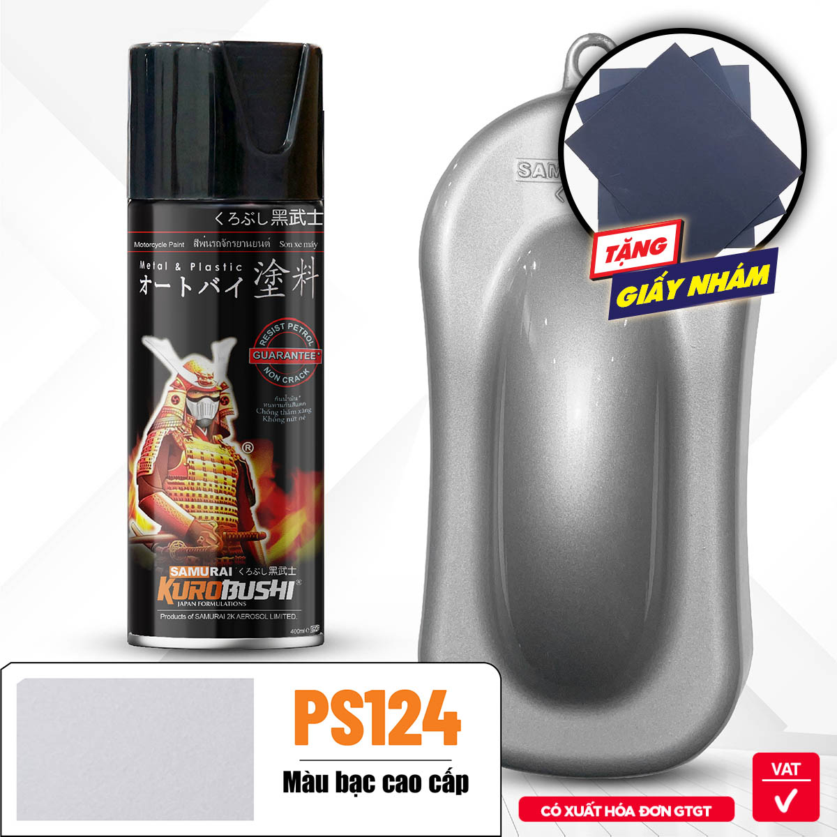 COMBO Sơn Samurai MÀU BẠC CAO CẤP PS124 gồm 3 chai đủ quy trình độ bền cao (Lót  – màu bạc PS124 - Bóng )