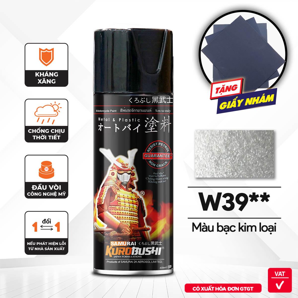 Sơn xịt Samurai Kurobushi - MÀU BẠC KIM LOẠI Mâm Xe W39 (400ml)