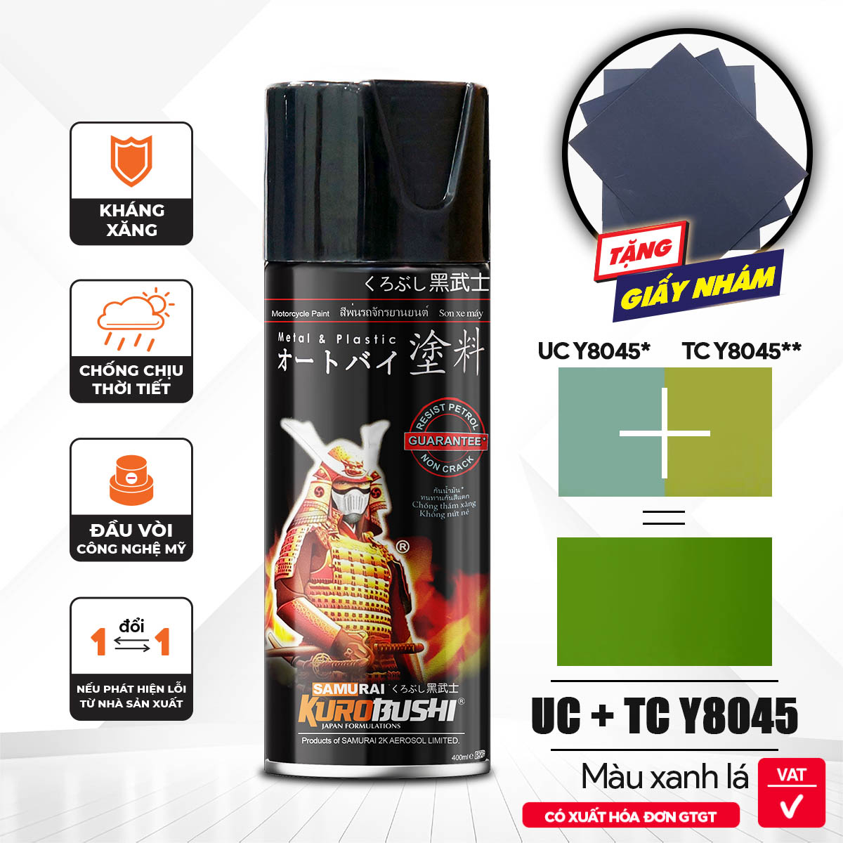 COMBO Sơn Samurai  màu xanh lá  Yamaha UC+ TC Y8045 gồm 4 chai đủ quy trình (Lót - Nền UCY8045  - Màu TCY8045 - Bóng)