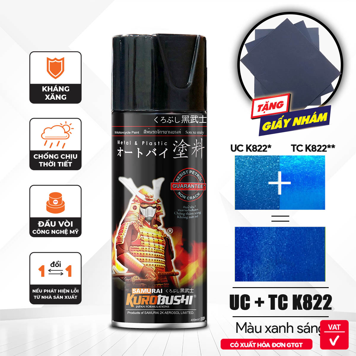 COMBO Sơn Samurai Màu xanh sáng Kawasaki UC+TC K822 gồm 4 chai đủ quy trình(Lót  - Nền UCK822 - Màu TCK822 - Bóng)
