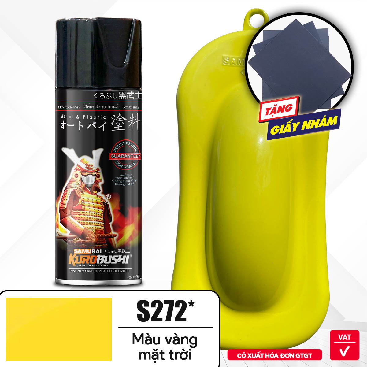 COMBO Sơn Samurai màu vàng mặt trời S272 gồm 4 chai đủ quy trình độ bền cao  (Lót  – Nền 102 - Màu S272 - Bóng )