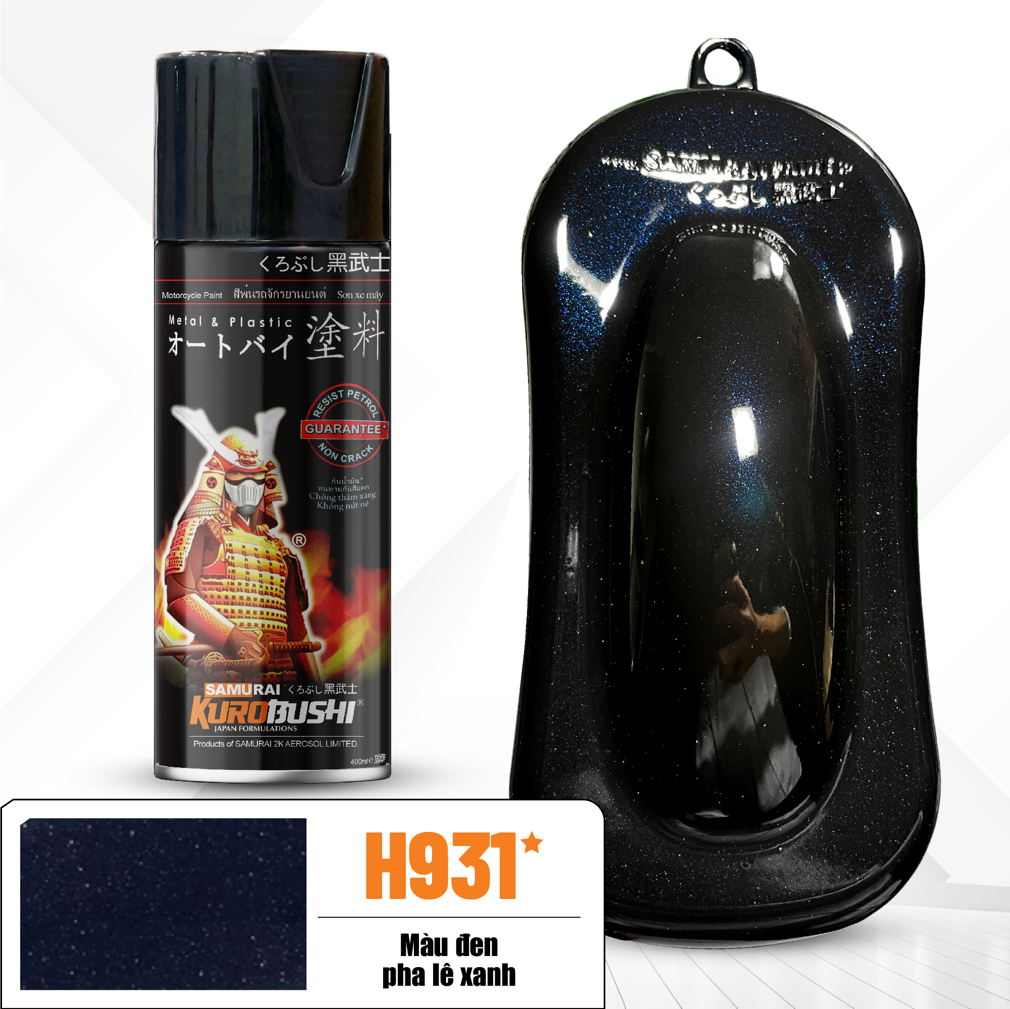 COMBO Sơn SAMURAI màu đen pha lê xanh H931 gồm 4 chai đủ quy trình độ bền cao(Lót - Nền 109A - Màu H931 - Bóng )