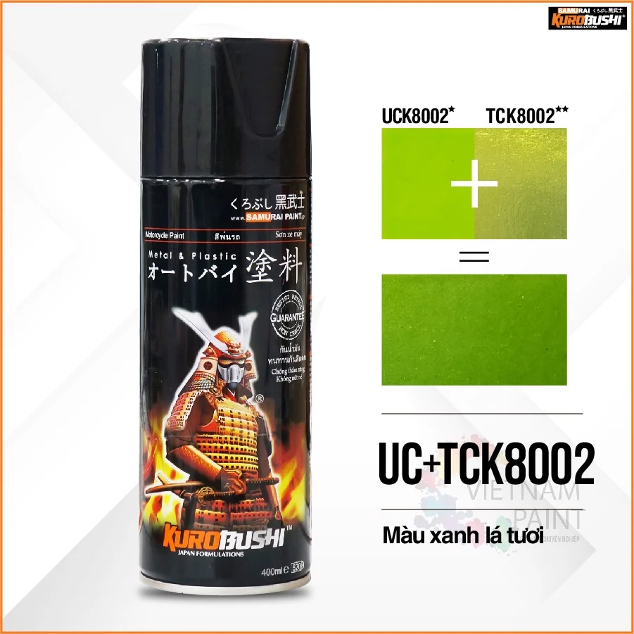 COMBO Sơn xịt Samurai -MÀU XANH LÁ TƯƠI Kawasaki UC+ TC K8002 gồm 4 chai đầy đủ quy trình (Lót- UCK8002- TCK8002 - Bóng)