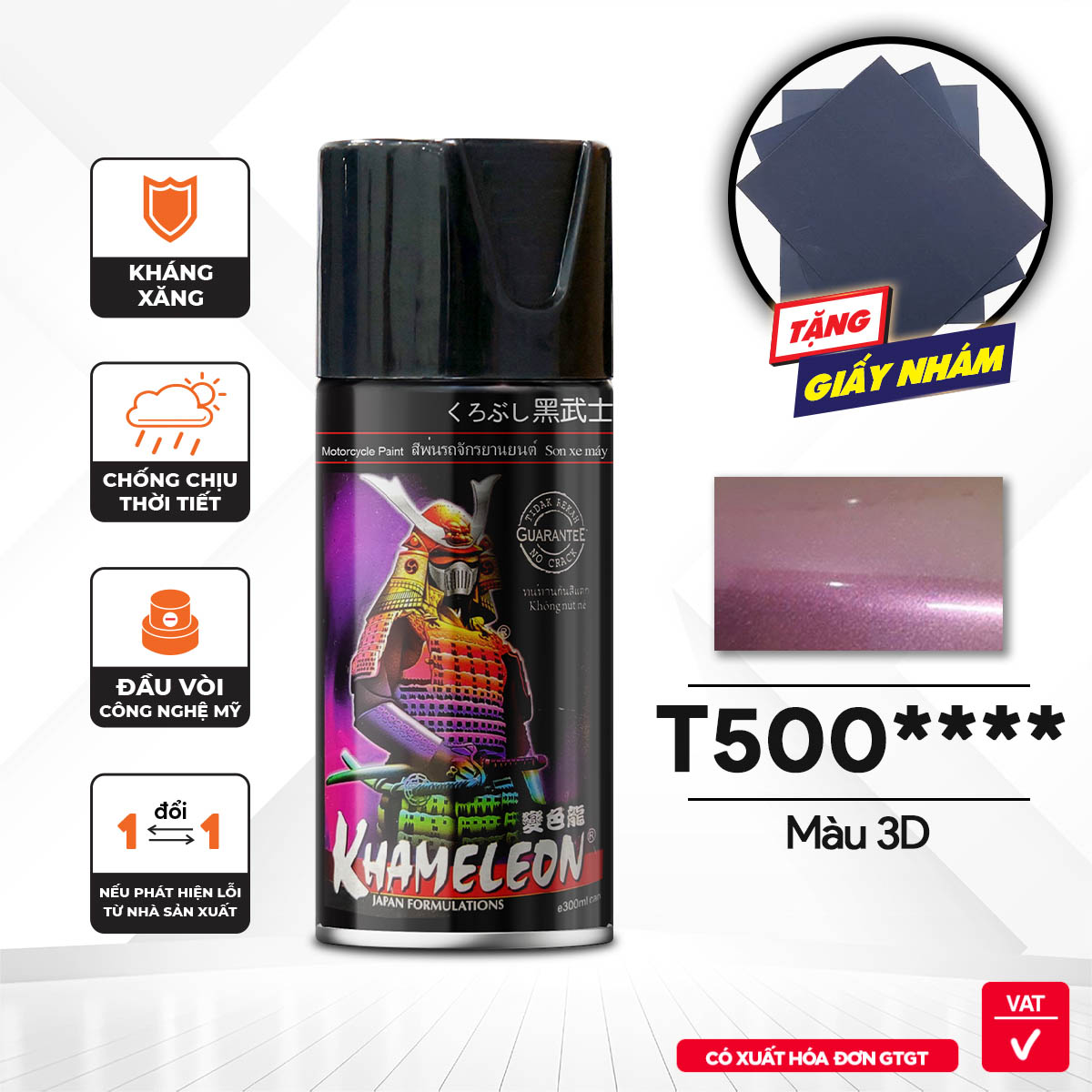 COMBO Sơn SAMURAI màu 3D T500 gồm 4 chai đủ quy trình sang xịn mịn (Lót - Nền 109A - Màu T500  - Bóng )
