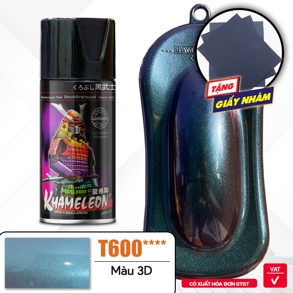 COMBO Sơn Samurai màu 3D T600 gồm 4 chai đủ quy trình sang xịn mịn (Lót - Nền 109A - Màu T600  - Bóng )