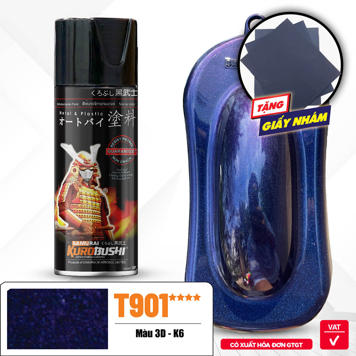COMBO Sơn Samurai màu 3D T901 gồm 4 chai đủ quy trình độ bền cao (Lót  – Nền 109A - Màu T901 - Bóng )