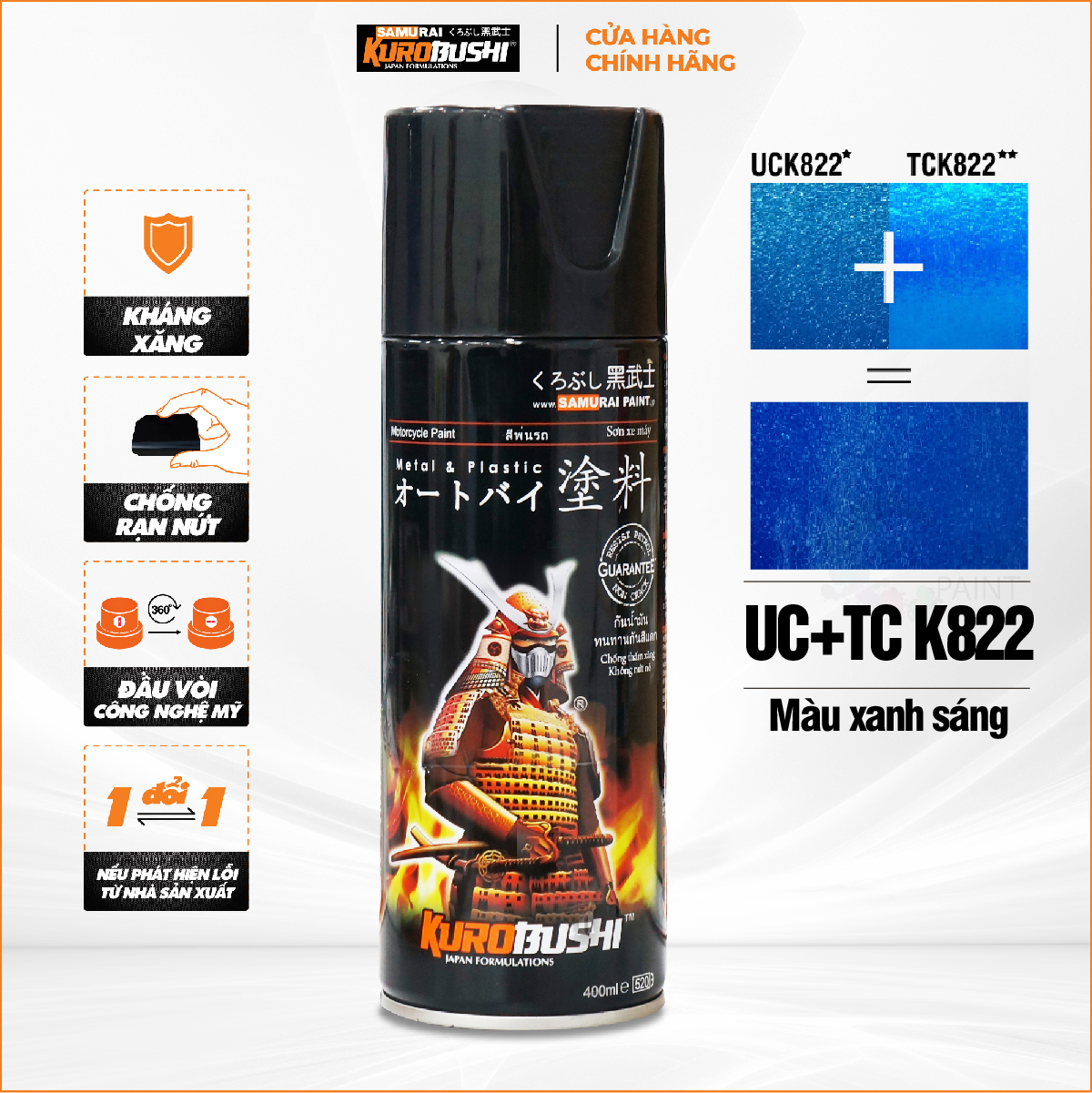 Sơn xịt Samurai - MÀU XANH SÁNG Kawasaki UC+ TCK822 (400ml)