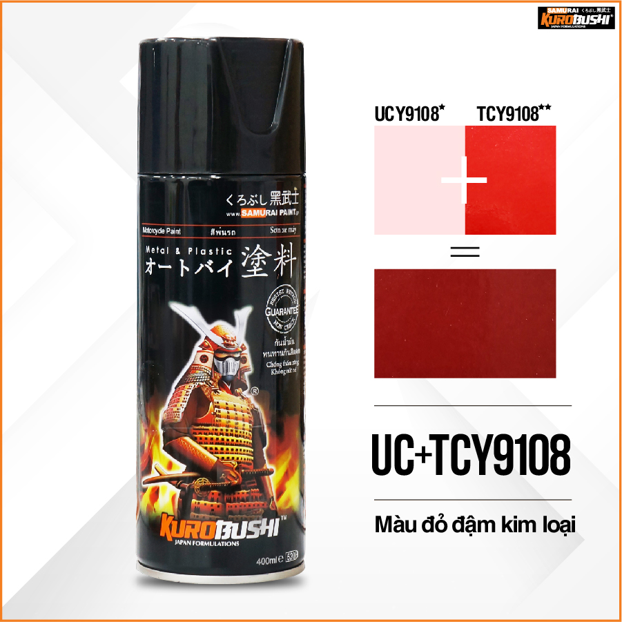 COMBO Sơn xịt Samurai Kurobushi - MÀU ĐỎ ĐẬM KIM LOẠI Yamaha UC+ TCY9108 (400ml) chuyên dùng cho xe máy
