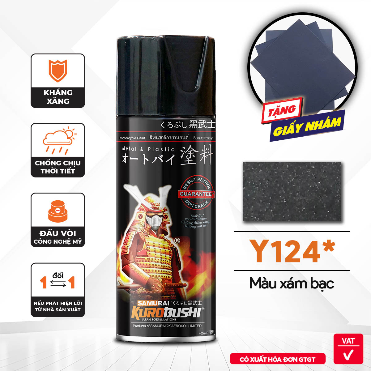 COMBO Sơn Samurai màu xám bạc Y124 gồm 3 chai đủ quy trình độ bền cao (Lót – màu Y124 - Bóng )