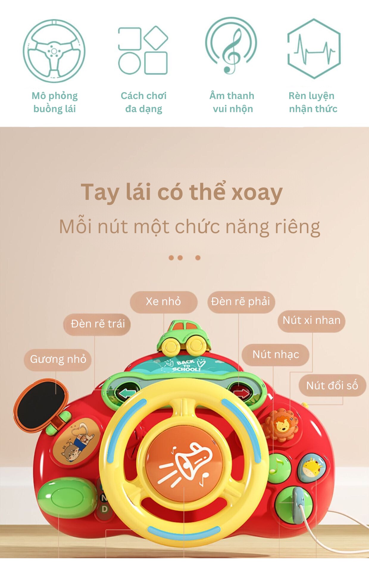 Đồ Chơi Mô Phỏng Vô Lăng Xe Ôtô Có Nhạc Và Đèn Vui Nhộn Kích Thích Sự Phát Triển Cho Bé