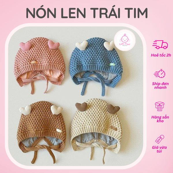 NÓN LEN DỆT KIM TAI TRÁI TIM CÓ DÂY ĐEO DÀNH CHO BÉ