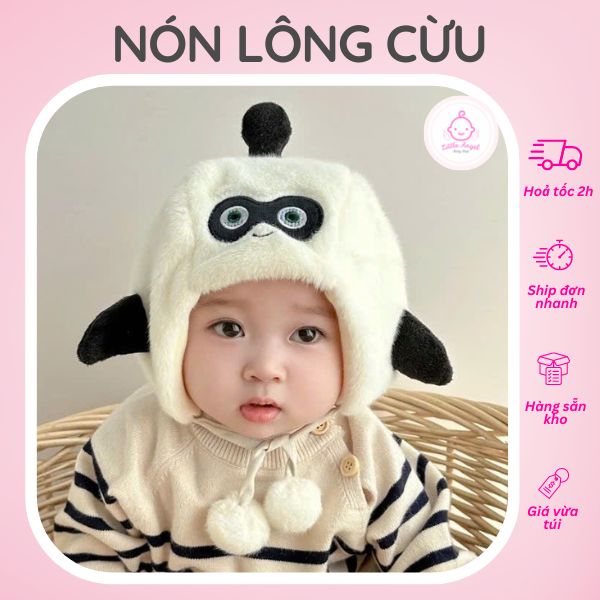 Nón Lông Cừu MẶT THÚ HÀI HƯỚC Có Dây Bảo Vệ Tai Dành Cho Bé