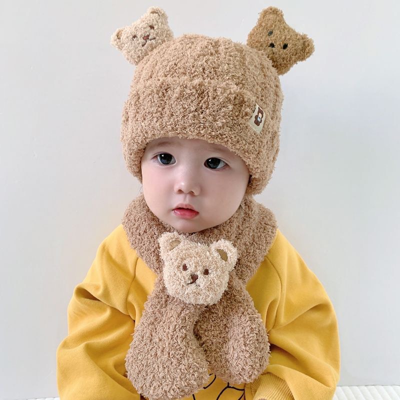 Nón Len 2 Tai Gấu 3D Kèm Khăn Cổ Gấu Đáng Yêu Cho Bé
