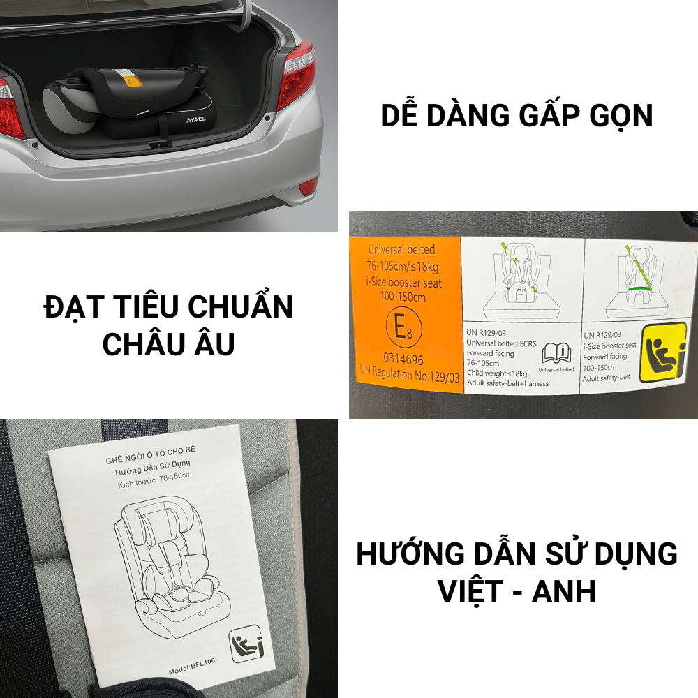 Ghế Ngồi Ô Tô Cho Bé AYAEL Dây Đai 5 Điểm An Toàn, Chuẩn Quốc Tế R129 (1–10 Tuổi)