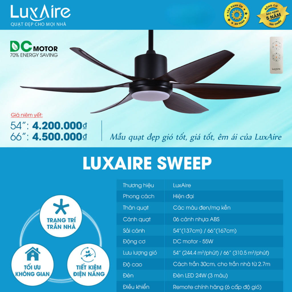 Quạt Trần Luxaire Sweep 6 Cánh Động Cơ DC Có Đèn Tiết Kiệm Điện Chính Hãng Quạt Trần Đẹp