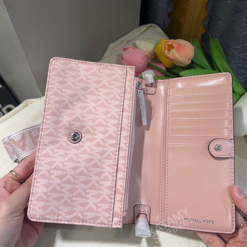 Túi Michael Kors Jet Set Small Signature Logo Print Woven Smartphone Crossbody Bag Smokey Rose 32S5SJ6C1C