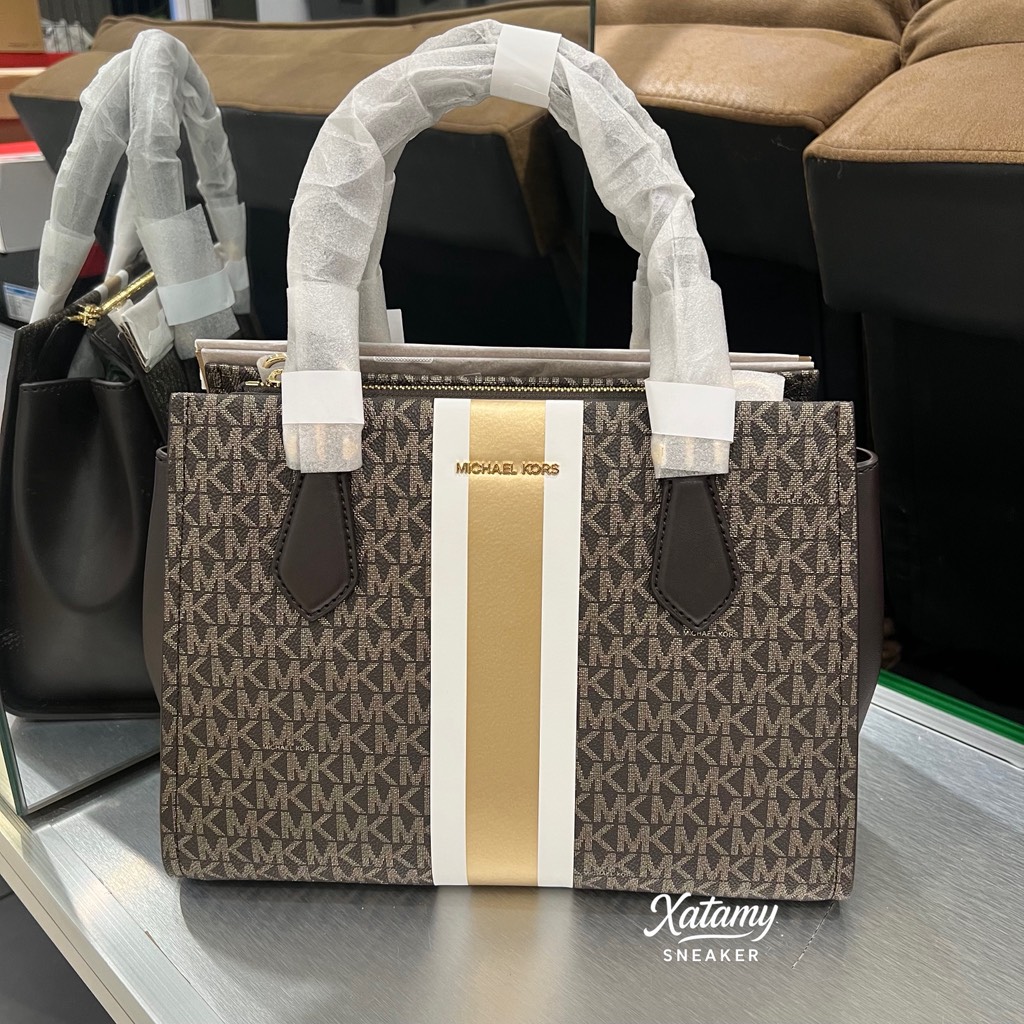 Túi Michael Kors Marilyn Medium Signature Logo Stripe Satchel Brown 35F5G6AS6V